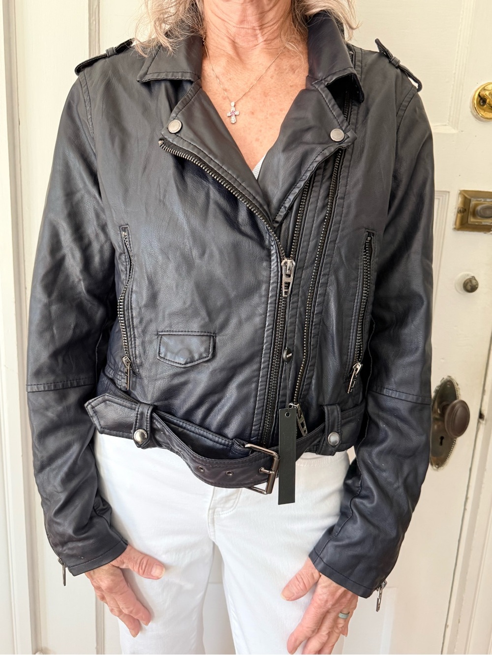 Classic Black Leather Moto Jacket with Belt